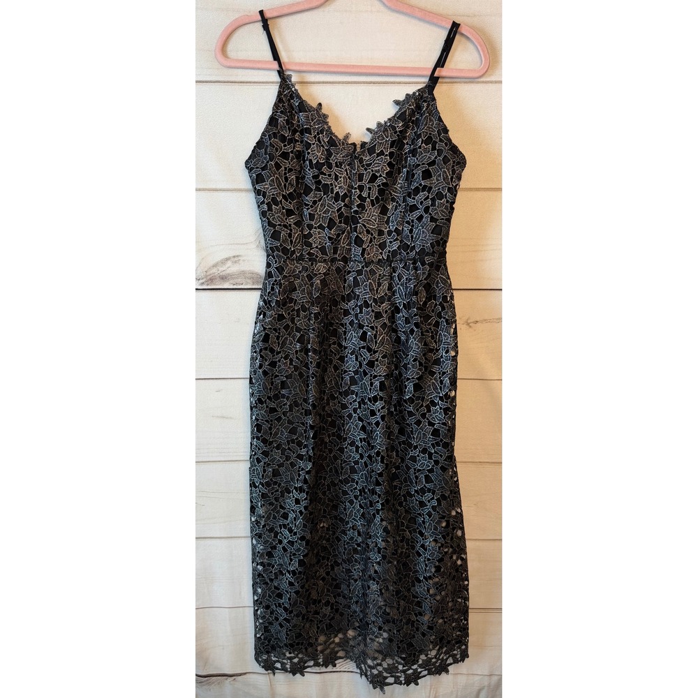 ASTR the Label Black Silver Metallic Lace Midi Dress ALD42049 Womens Large